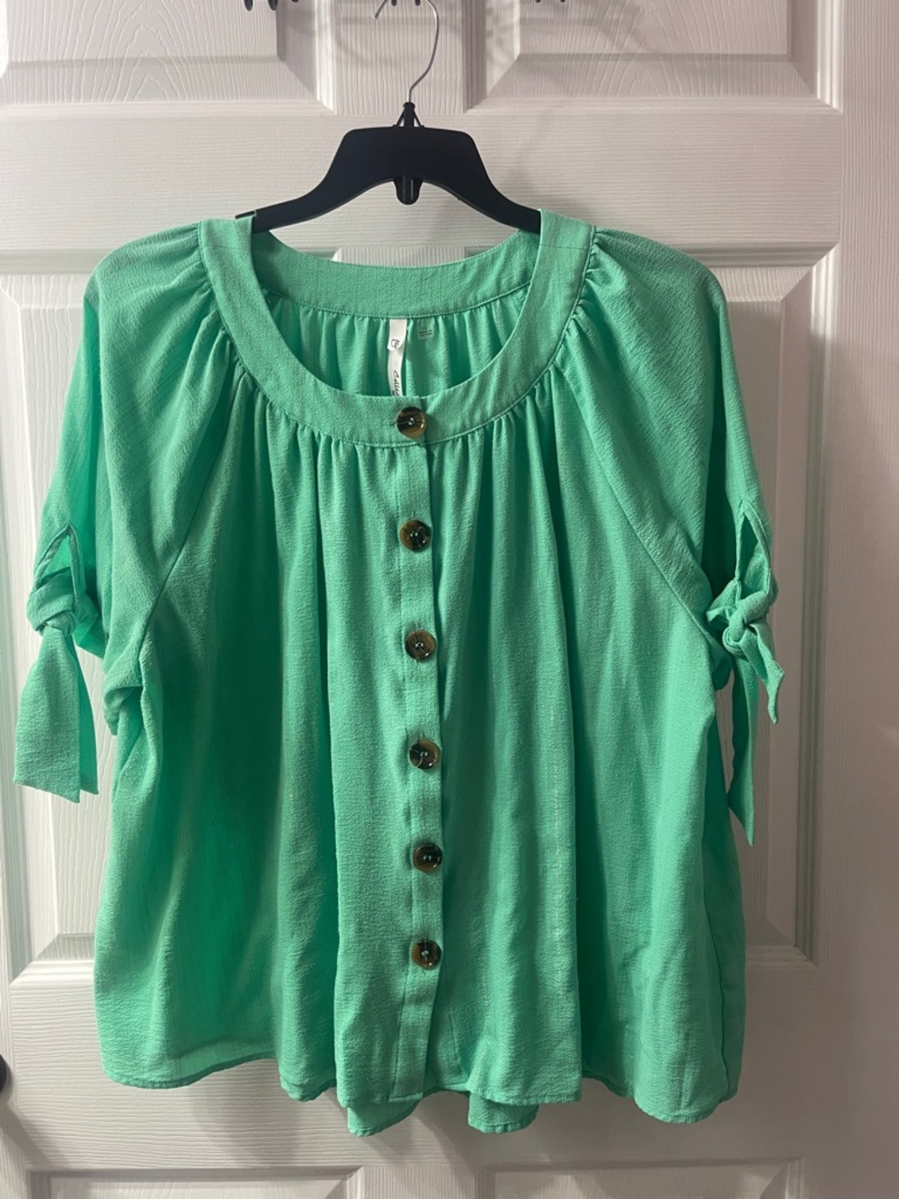 NY Collection Mint Green Button-Front Blouse with Tie Sleeves